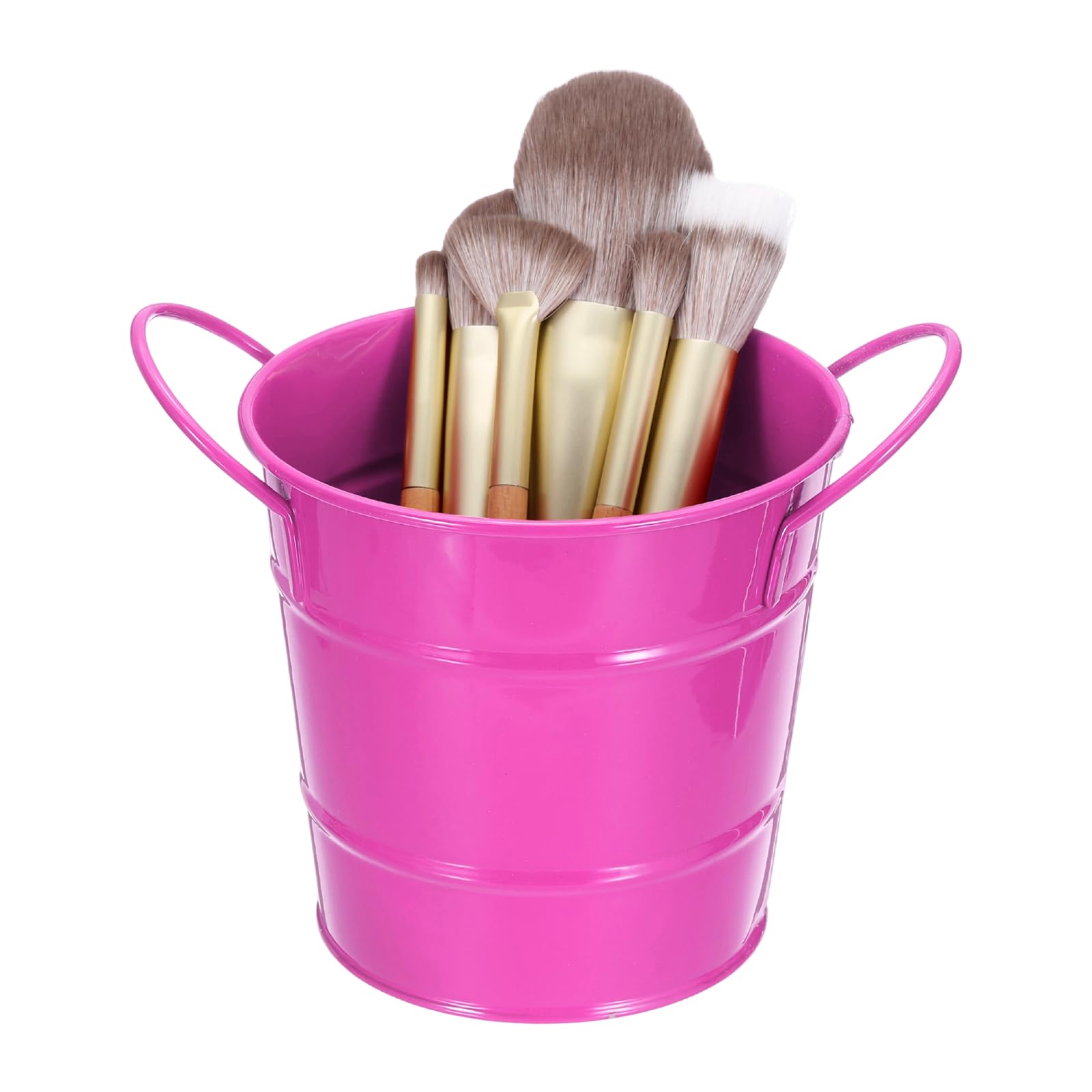 sourcing map Makeup Brush Holder Organizer with Handle, 3.5x4.4 inch Metal Pen Holder Small Desktop Organizer for Home Desktop Make Up Brushes Stationery Storage, Rose Red