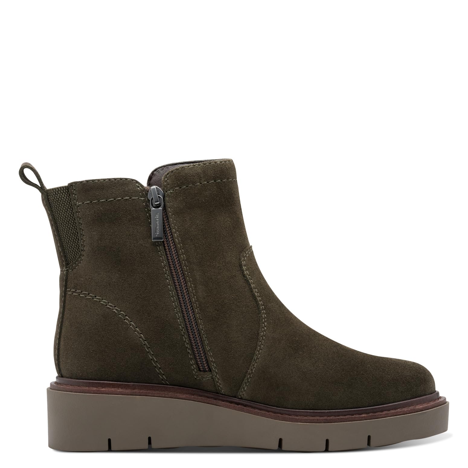 Tamaris Damen WIDE FIT Stiefelette aus Leder Keilabsatz, Olive Suede, 41 – Ansicht 5