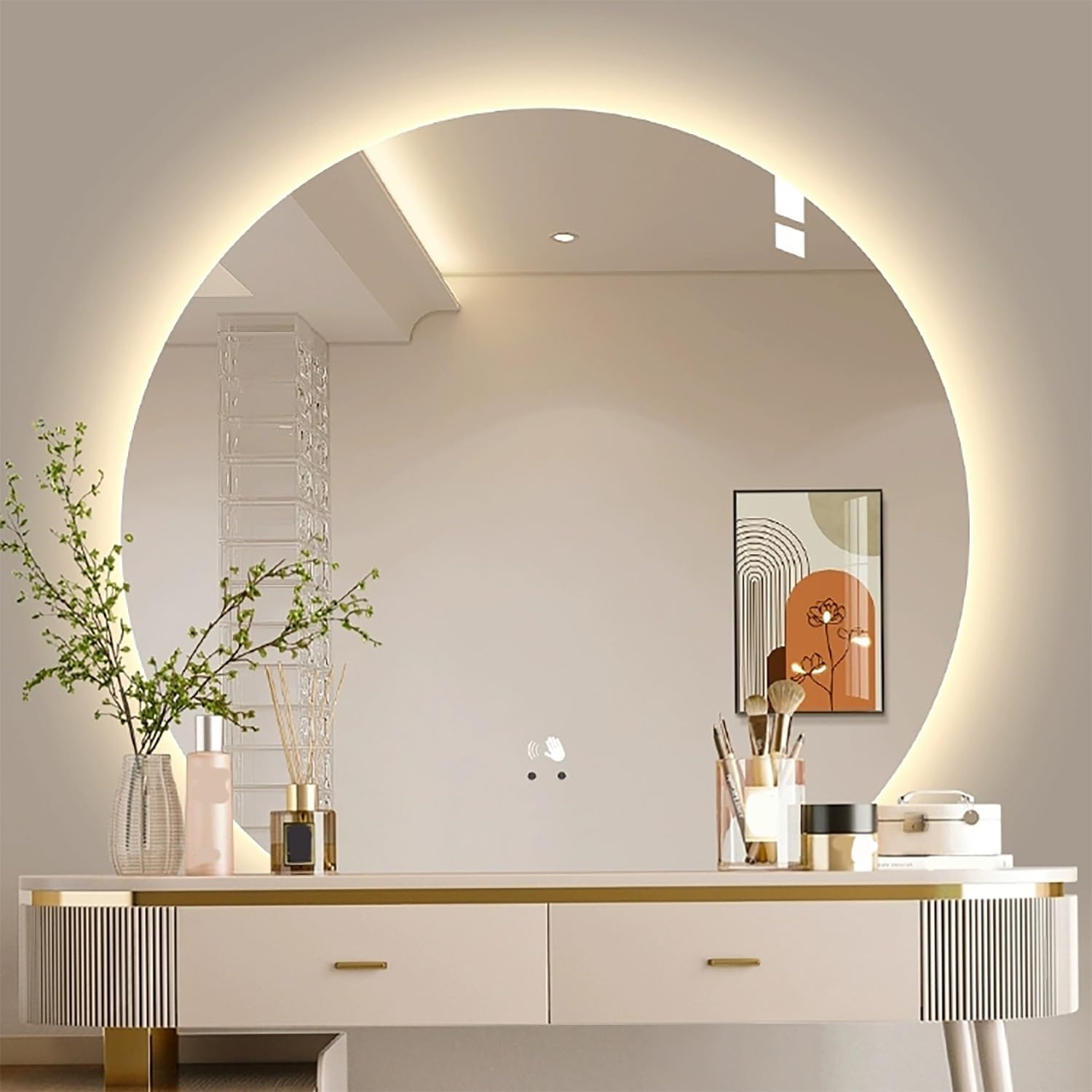 SXFSDOU Round Wall Mirror for Bathroom 100cm Smart Frameless Vanity with 3 Color Dimming Anti-Fog 70/80cm (Backlit 90x80cm)
