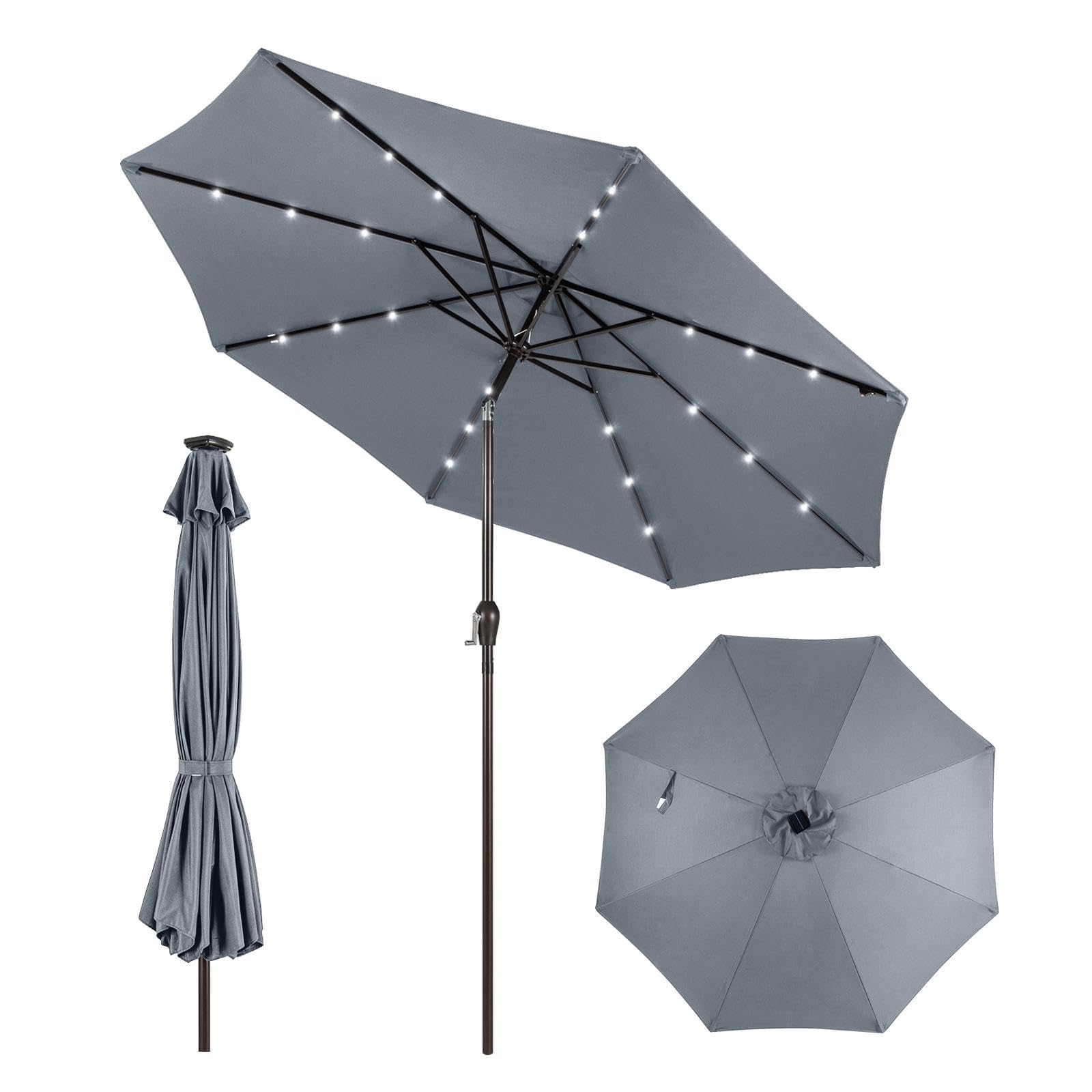 KOMFOTTEU Ombrellone da Giardino 3m, con Luci LED e Manovella, Ombrellone da Balcone Inclinabile Protezione UV, Ombrellone Parasole da Cortile con 8 Osse, per Terrazza, Spiaggia, Piscina