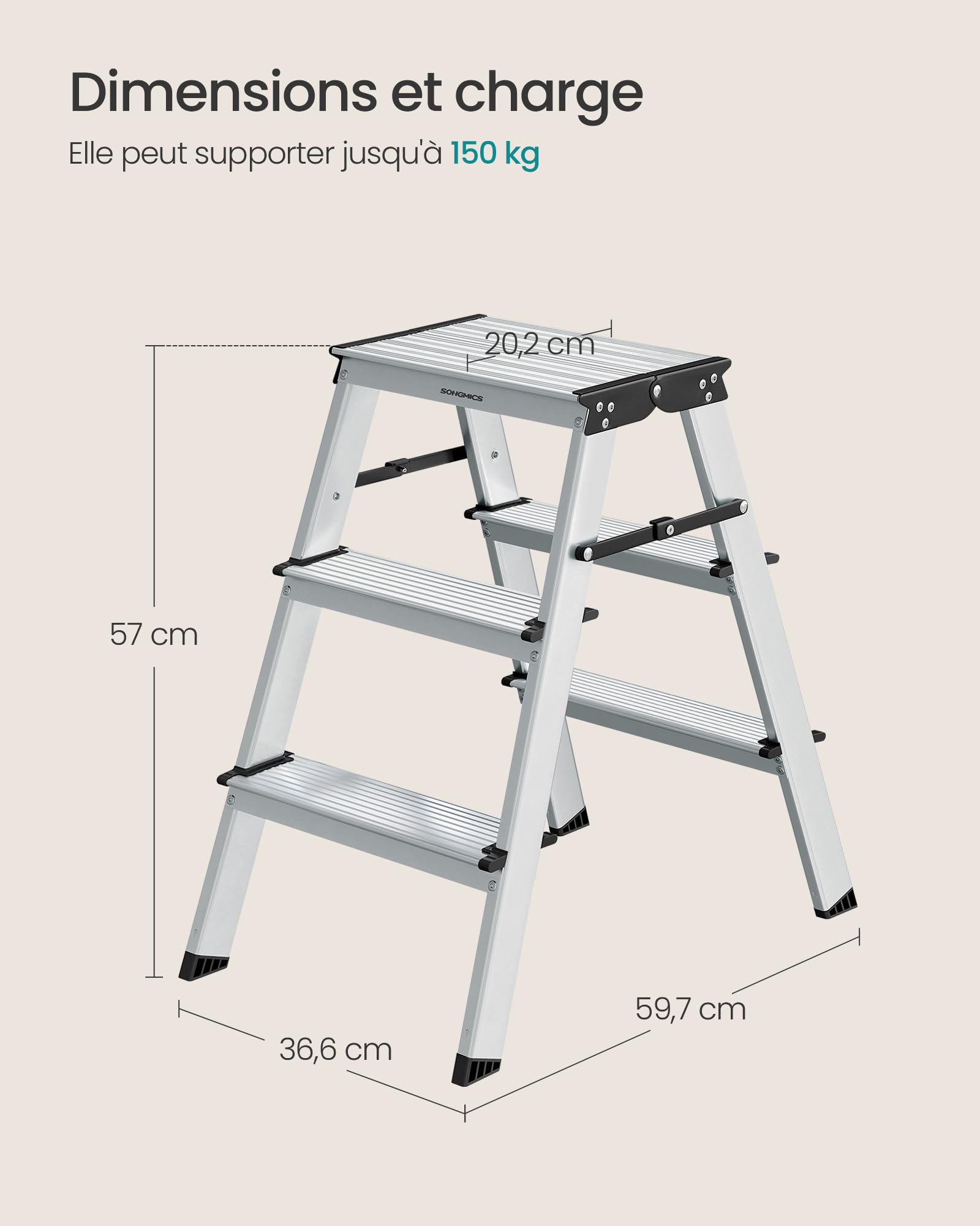 SONGMICS Échelle, Escabeau, Échelle en Alliage d'Aluminium, avec 3 Marches, Marche Pied Multifonctions, Charge : 150 kg, Gris Argent et Noir d'encre GLT23K | Escabeau avec 3 marches antidérapantes, gris argenté et noir encre GLT23K