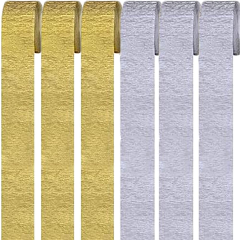 6 Rolls Crepe Paper Streamers, Gold+Silver Crepe Paper Roll Streamer, 4.5cm*25m Paper Craft Crepe, Background Snakes Paper for Birthday, Party Decorations, Wedding Decorations (1.8 Inch x 82 Ft/Roll)