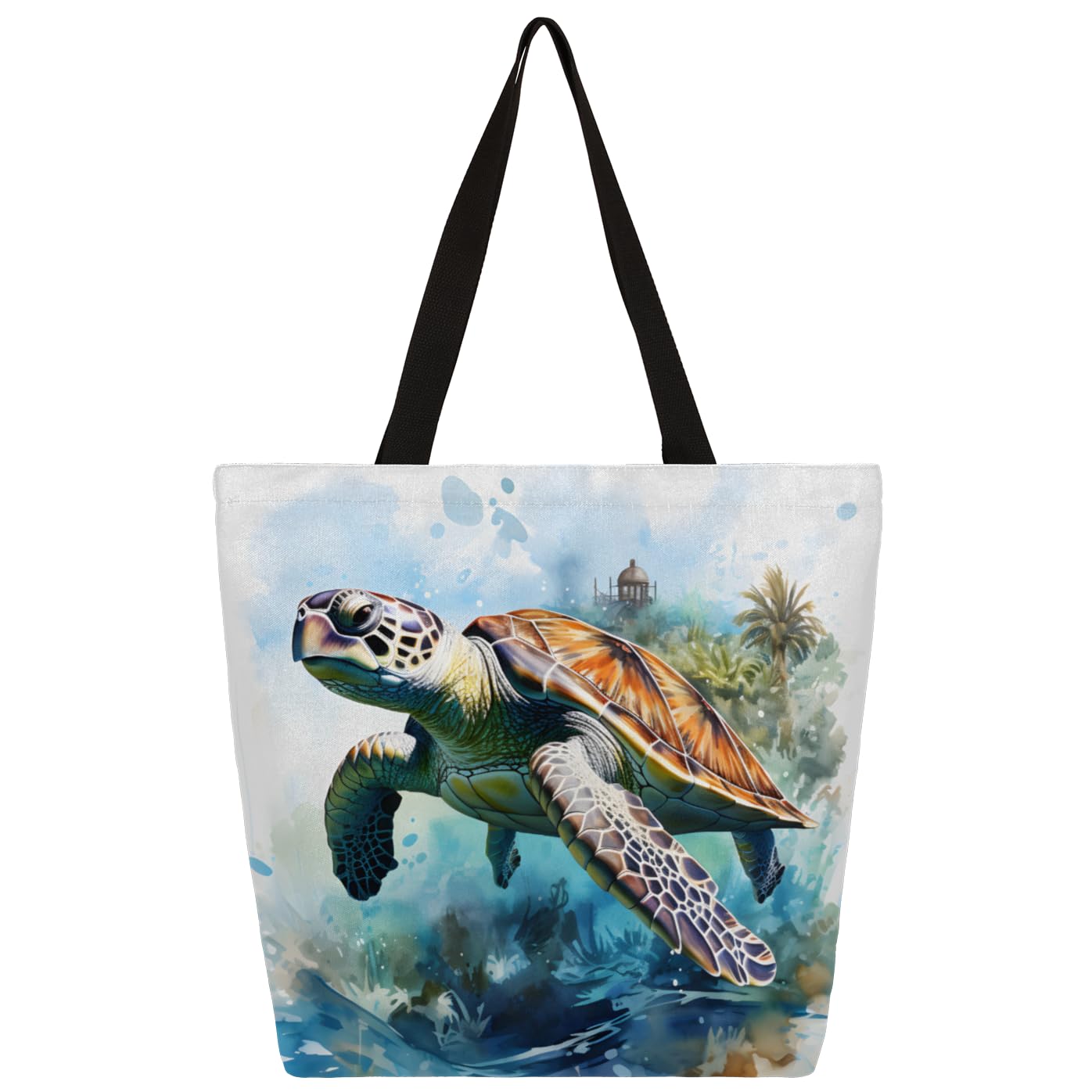 Mularoka Watercolour Turtle Large Capacity Canvas Tote Bag Stylish Handheld Shoulder Bag Reusable Shopping Bag for Work Travel Beach Trips Shopping