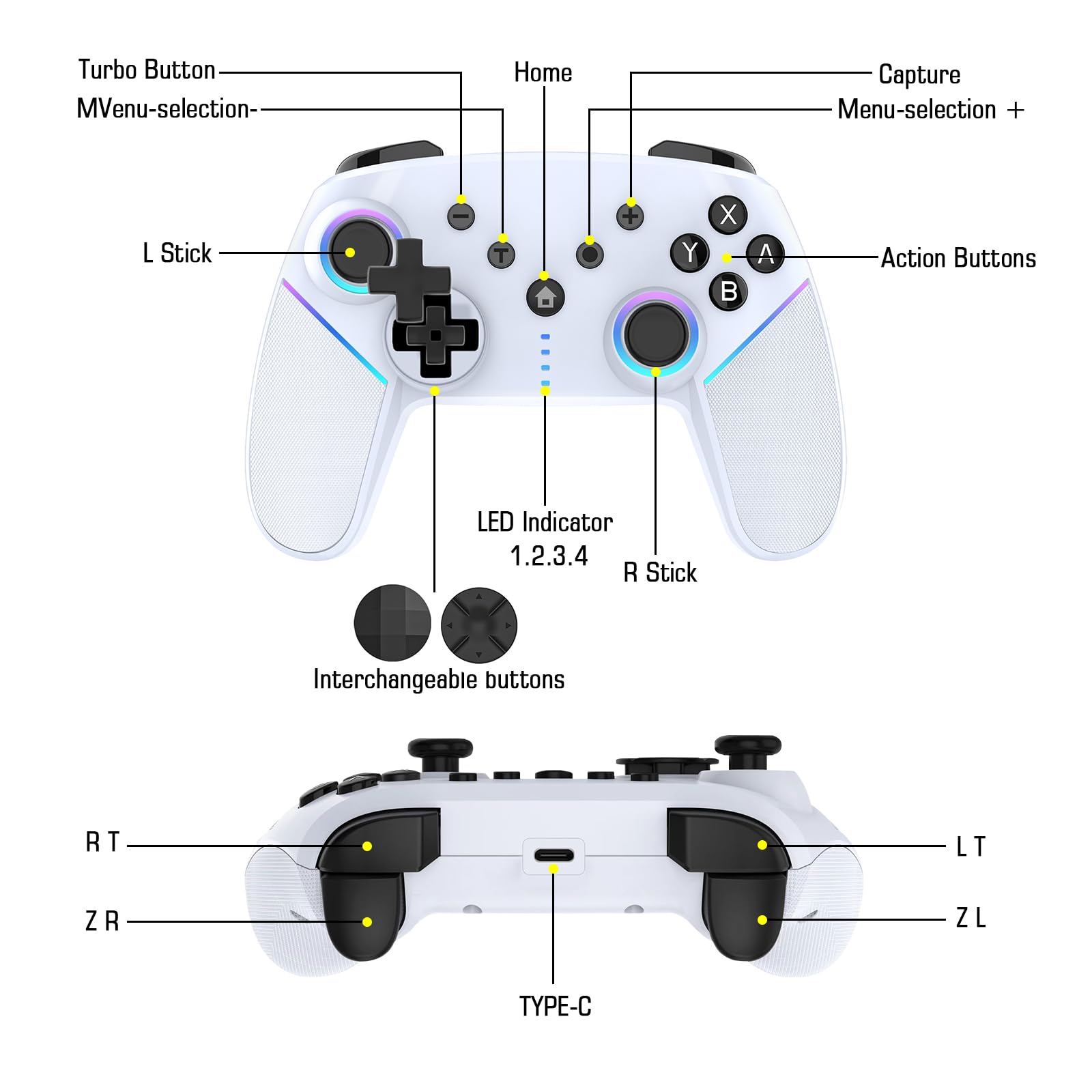 KEWYA Switch Controller für Switch Spiele, MACRO & Turbo Programmierfunktion, Motor Vibration, RGB Licht, Wireless Gamepad Joypad mit 6 Gyro Achse Kompatibel mit Switch/Switch Pro/Lite/PC - Weiß