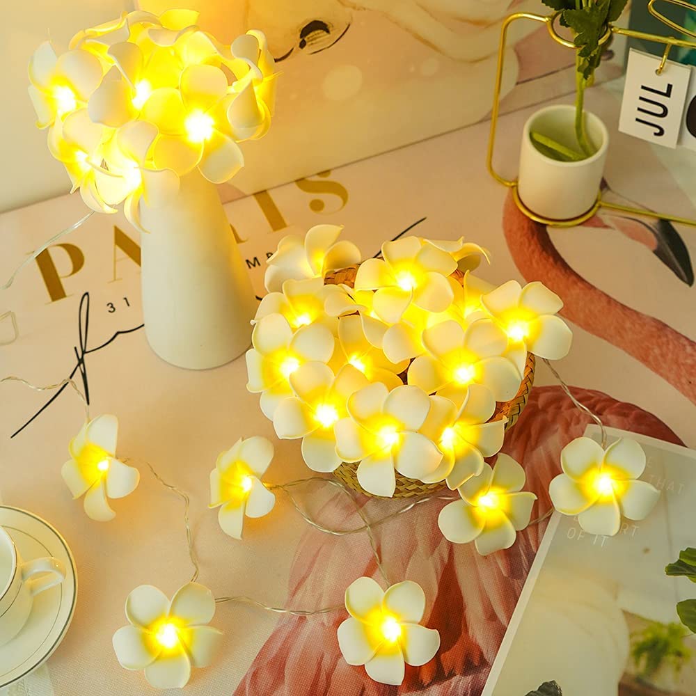 Azonee LED Artificial Plumeria Flower String Lights Hawaiian Foam Flower Light, 3AA/USB Powered, Fairy String Light for Bedroom, Birthday Wedding Beach Party
