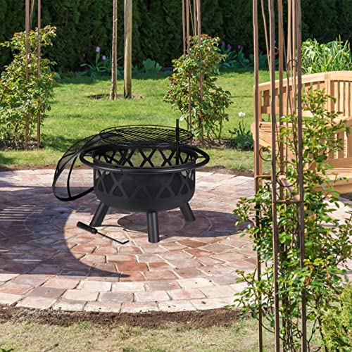 Relaxdays Feuerschale mit Grillrost, Funkenschutz & Schürhaken, Ø 75 cm, Stahl, Feuerstelle Garten & Terrasse, schwarz, 68.5 x 75 x 75 cm – Bild 6