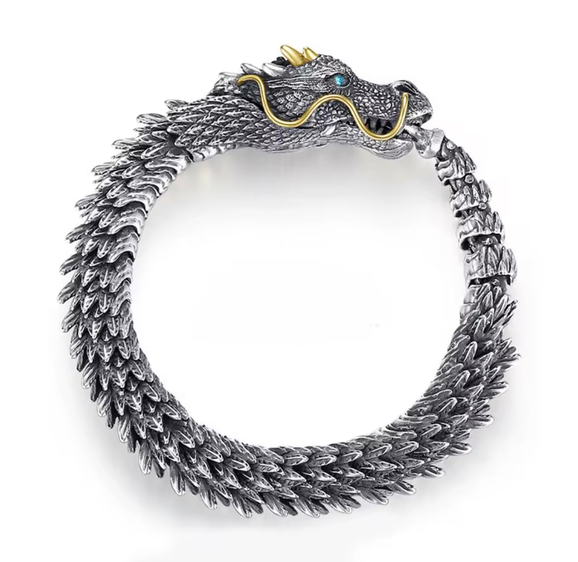 Men's Dragon Bracelet | Handcrafted Silver-Toned Dragon Bangle with Gold Detailing | Norse Viking Mythical Jewelry | Oxidized Finish | Gift for Him | Fashion Jewellery |-image-14