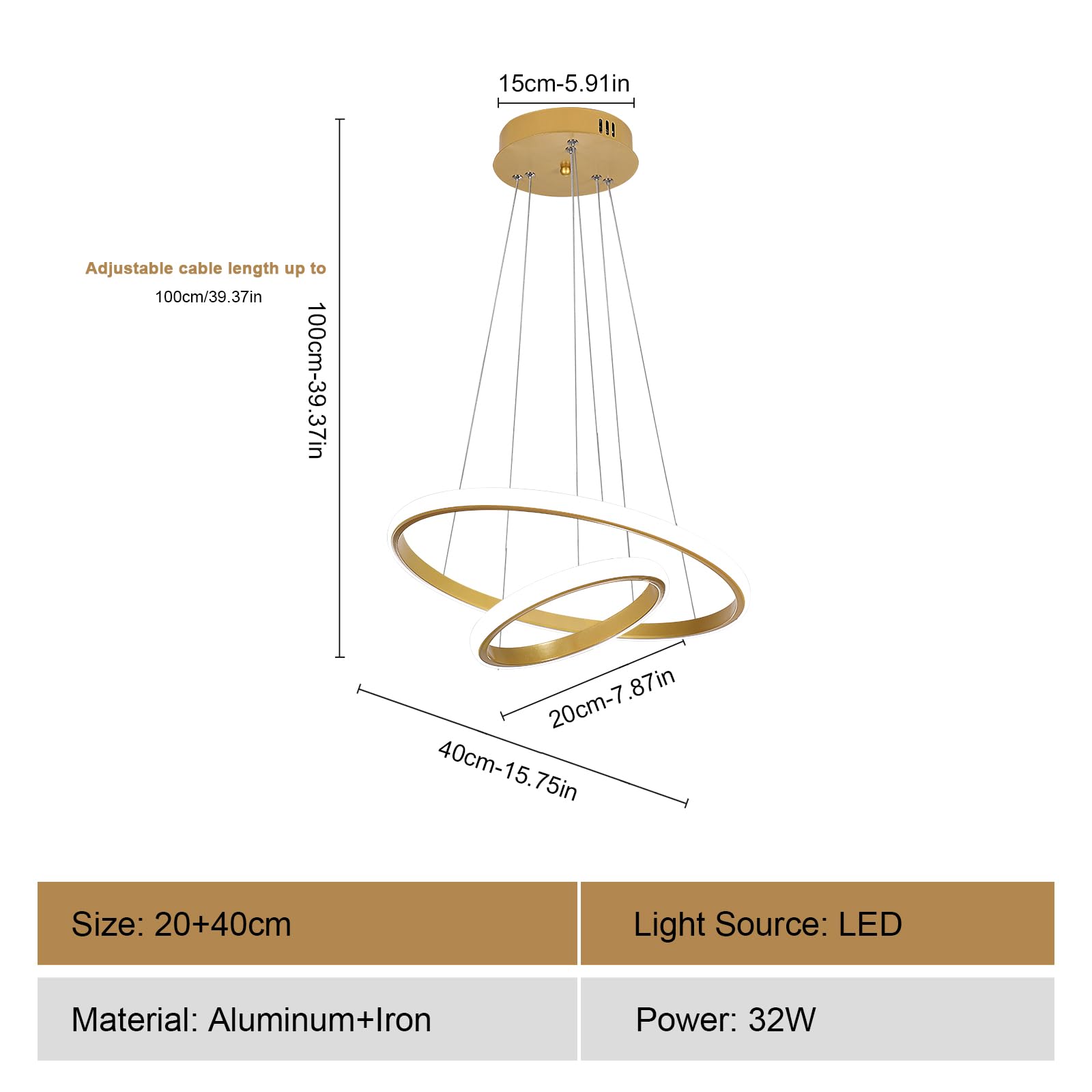 Goeco Lampadario LED Moderno ad 2 Anelli Oro, Lampada a Sospensione 32W | Altezza Regolabile, Lampadario Circolare Design Minimalista per Soggiorno, Sala da Pranzo, Camera da Letto, Hotel