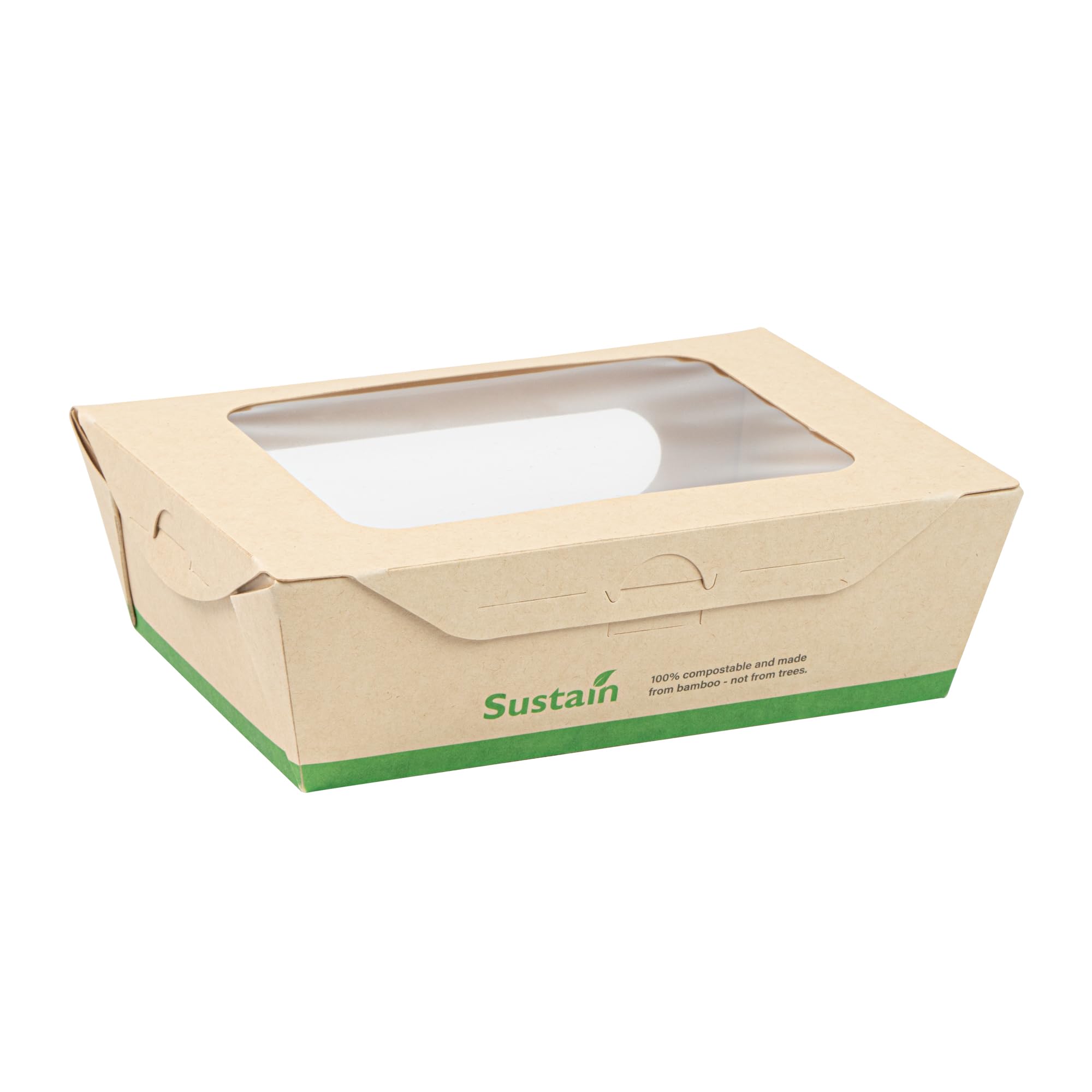Restaurantware - Cajas de papel resistentes de 28 onzas, 50 recipientes desechables para alimentos, con forro de ácido poliláctico, dos ventanas transparentes de ácido poliláctico, contenedores de