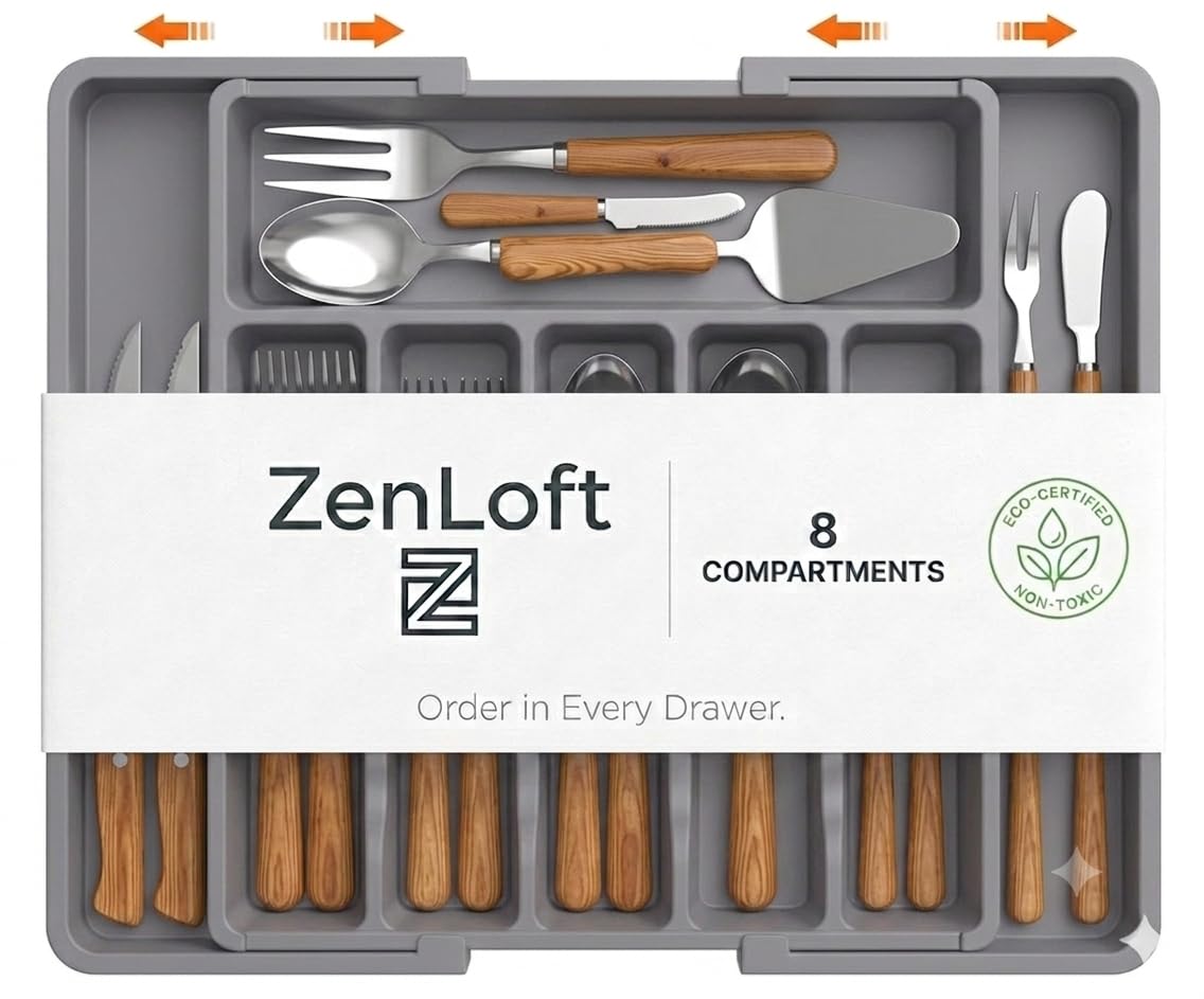 ZENLOFT Extendable Cutlery Drawer Organiser, Adjustable 8-Compartment Plastic Divider Tray, Secure Buckle Design for Kitchen Utensils, Cosmetics & Desk Tidy, Grey
