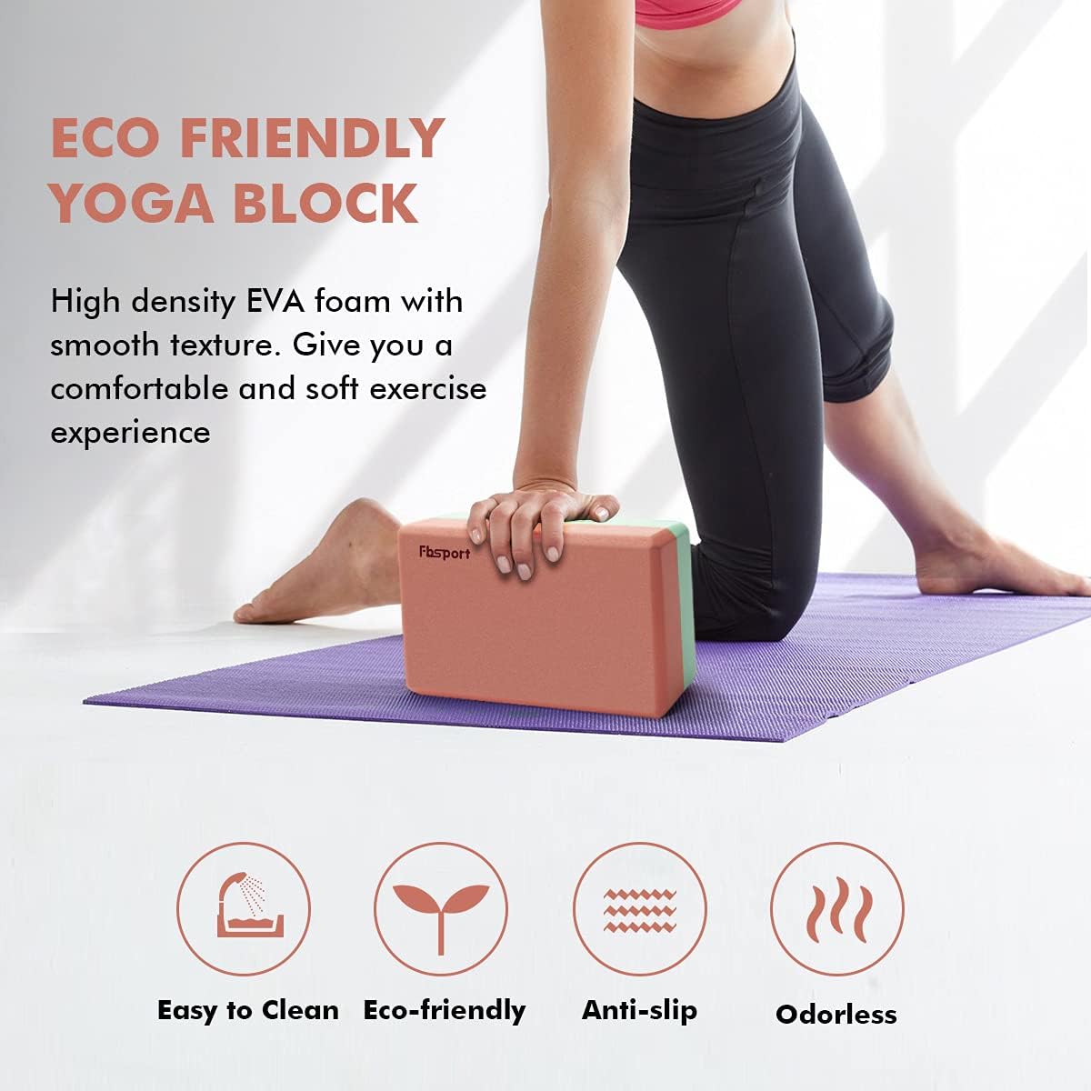 FBSPORT Yoga Block 2 Pack with Yoga Strap, High Density EVA Foam Block, Non-Slip Surface for Yoga, General Fitness, Pilates, Stretching-9" x 6" x 4" : Sports & Outdoors
