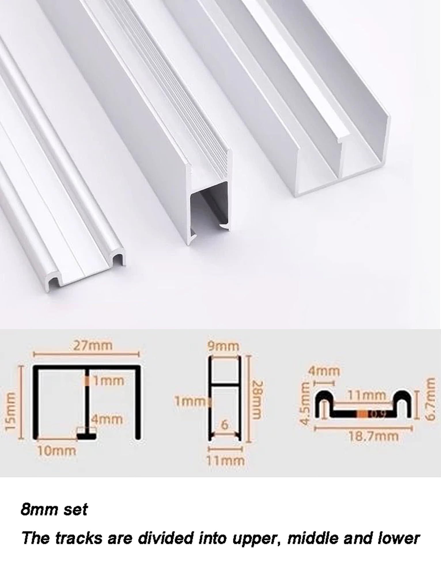 Kit ferramenta per Porte scorrevoli a Doppio Binario per vetrine/librerie/cucine da 8 mm - Rulli silenziosi e Resistenti, Binario Scorrevole per vetrine, armadi e Ante di armadi (Argento, 39