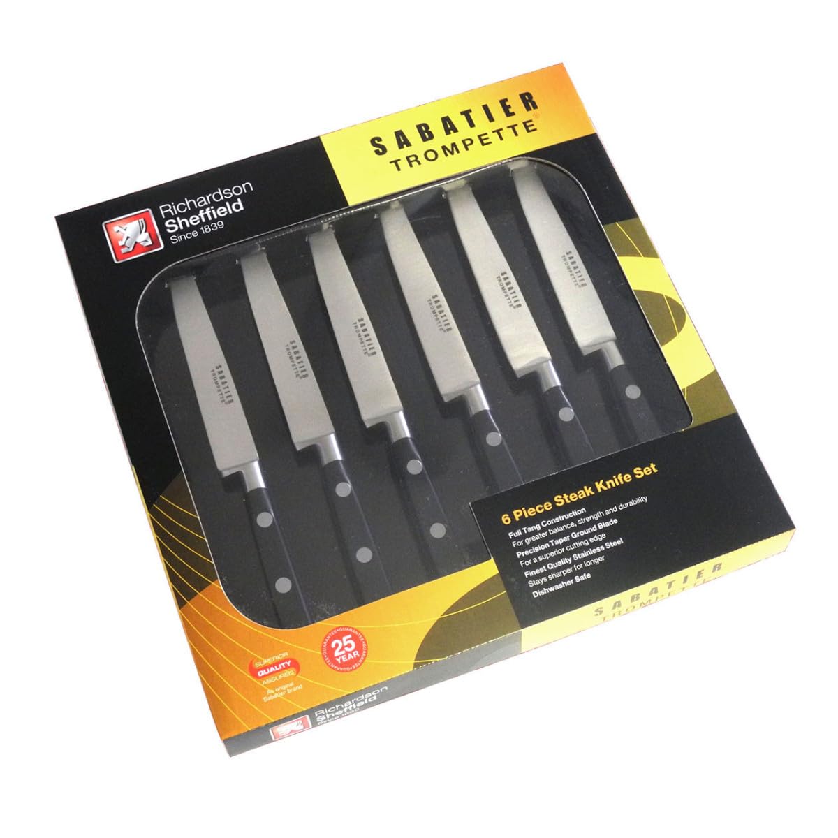 RICHARDSON SHEFFILED - Coffret 6 couteaux steak lame lisse - Sabatier Trompette - Acier MoV finition satinée manche ABS et rivets acier - 23 cm (lame 10 cm) - Noir