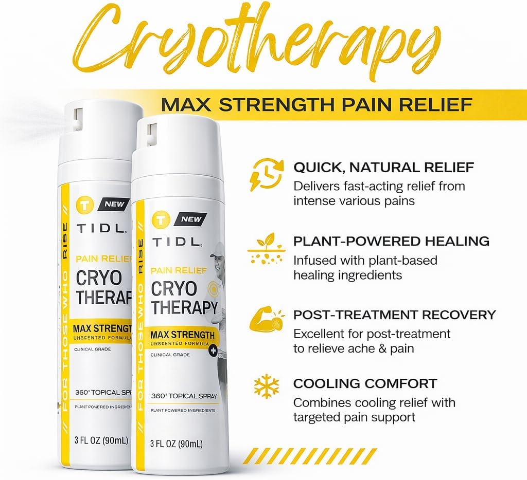 TIDL Cryotherapy Pain Relief Spray, 3 Oz (Pack of 2) Max Strength for Fast-Acting Muscle, Joint & Neck Pain Relief, Plant-Based Menthol & Camphor Pain Reliever, Quick Drying Formula