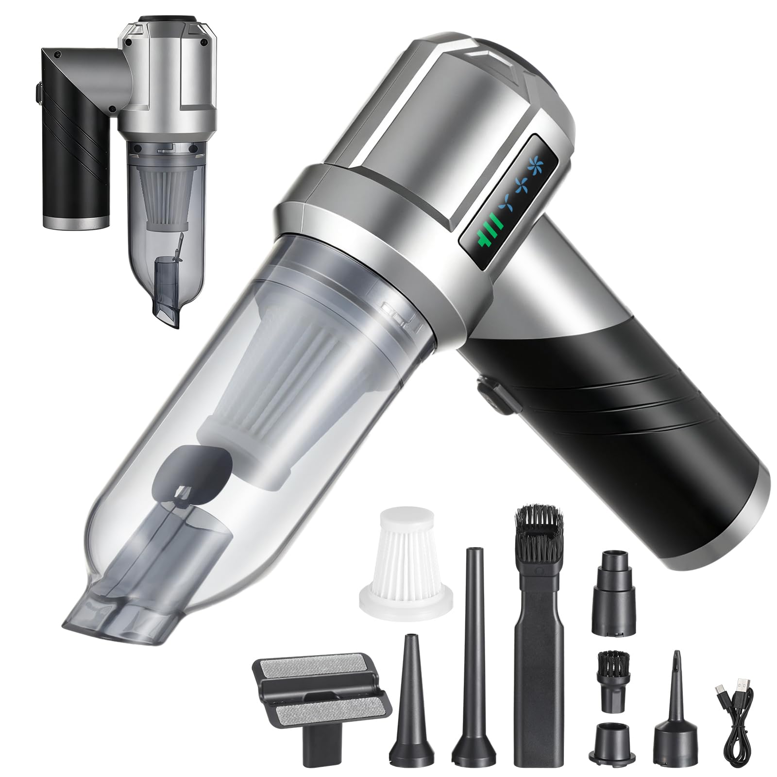 Aspirador de Coche Inalámbrico 16000Pa, 4 en 1 Aspirador de Mano con Batería 6000mAh, Plegable con Indicador de Batería LED y 9 Boquillas para Coche, Hogar, Oficina y Mascotas