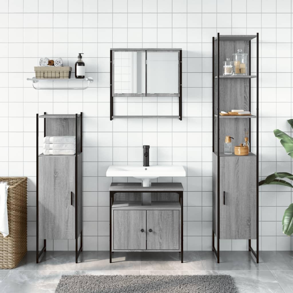 4-częściowy zestaw mebli łazienkowych Sonoma szary materiał drewnopochodny z szafką pod umywalkę, szafka z lustrem, wysoka szafka i szafka łazienkowa, zajmuje mało miejsca stojące i wiszące