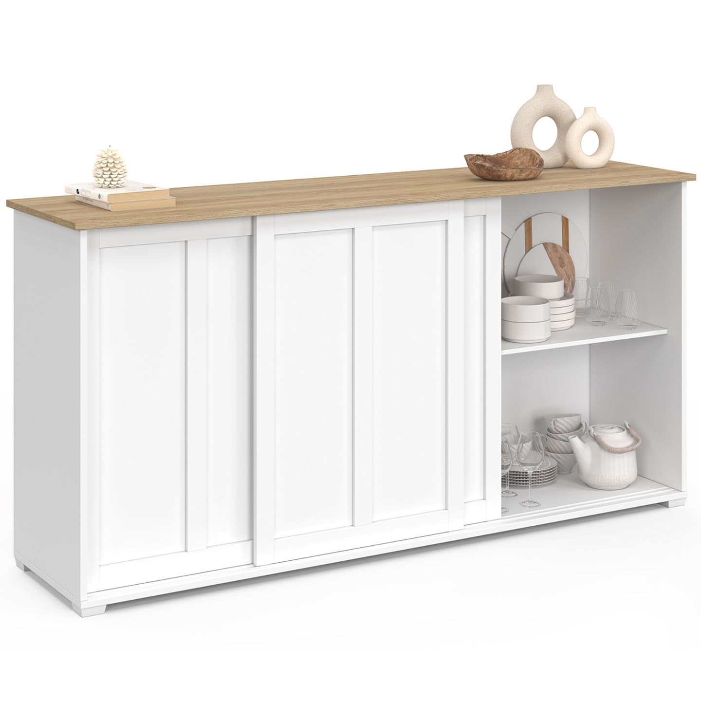 IDMarket - Aparador JANGO 160 cm con 3 puertas correderas blancas y tablero de madera