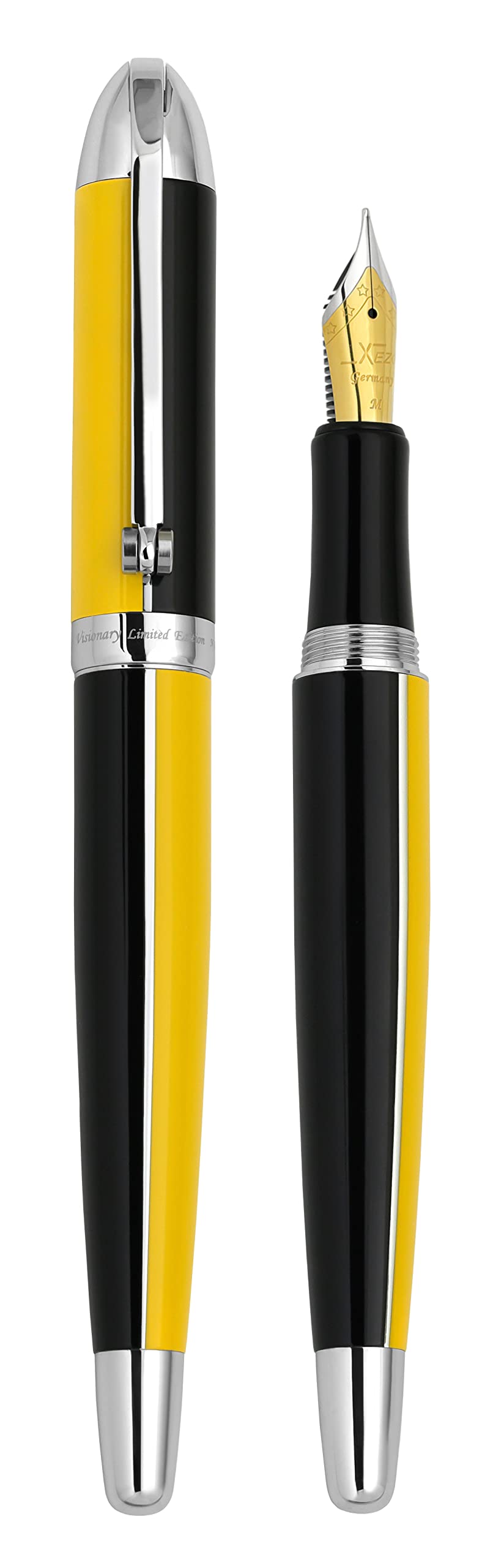 Stylo-plume Xezo Visionary en laiton et aluminium, plume moyenne. Laqué à la main en jaune vitesse et noir. Édition limitée numérotée de 500. Disposition classique de couleurs Art Déco, rétrofuturiste