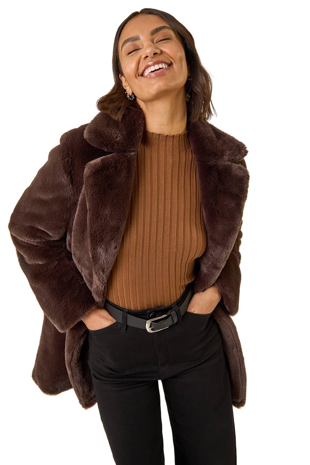 Roman Originals Women Faux Fur Coat - Ladies Jackets Teddy Bear Plush Casual Soft Fluffy Textured Oversized Warm Cosy Autumn Winter Flattering - Chocolate - Size 14