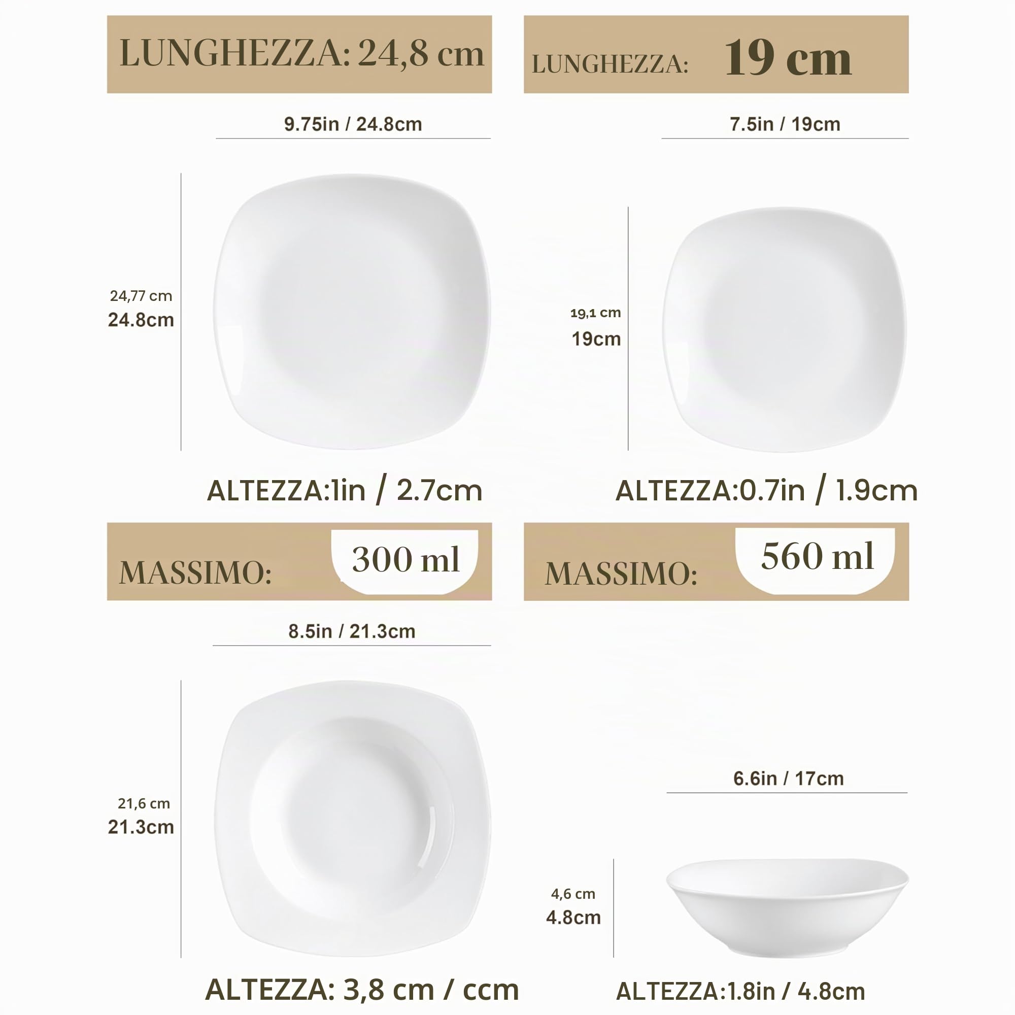 MALACASA Servizio di Piatti 12 Persone, 48 Pezzi Set Piatti Moderni in Porcellana Bianca con Piani Grandi, da Dessert, Fondi, Serie ELISA