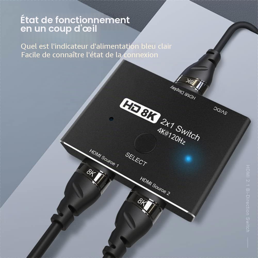 Directionnel HDMI 2.1 Switcher Commutateur Ultra HD 8K Haute Vitesse 48Gbps 2in 1out 8K@60Hz 4K@120Hz Convertisseur Séparateur Compatible avec Les Moniteurs PS5