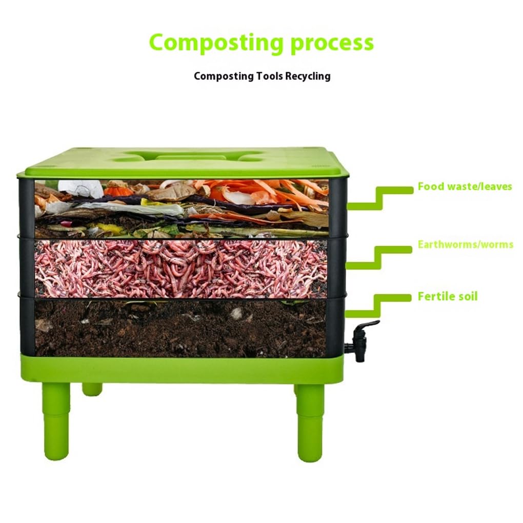 Lombricompostera de 3 niveles, caja para compostaje de jardín, ideal para restos de cocina. Duradera, resistente a la corrosión, fácil de limpiar.