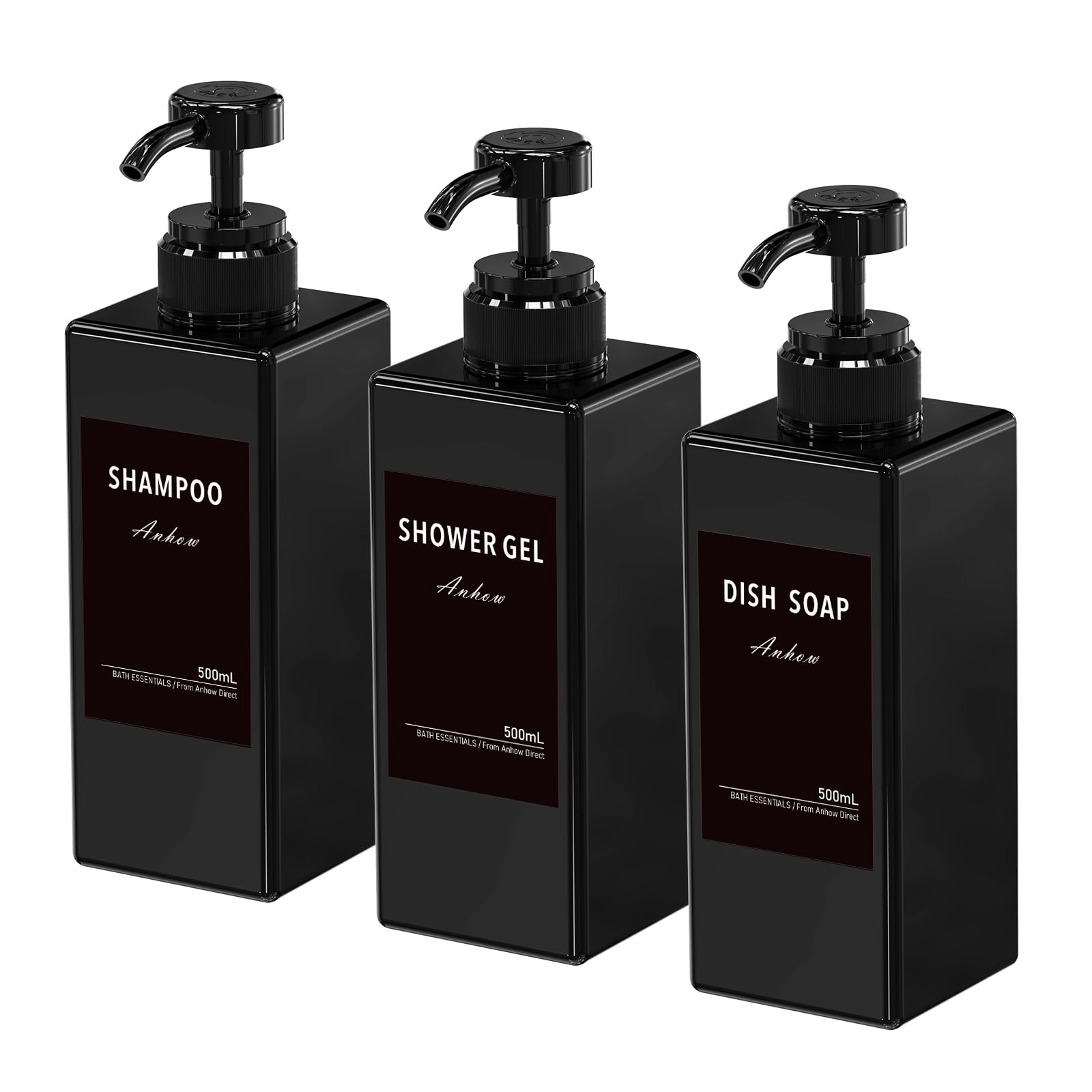3 Pcs Dispensador de Botellas de Recargable, 500ml Dispensador Gel y Champu Ducha Contenedor de Loción con 16 Etiqueta Impermeable, para Baño, Viajes, Hoteles - Negro