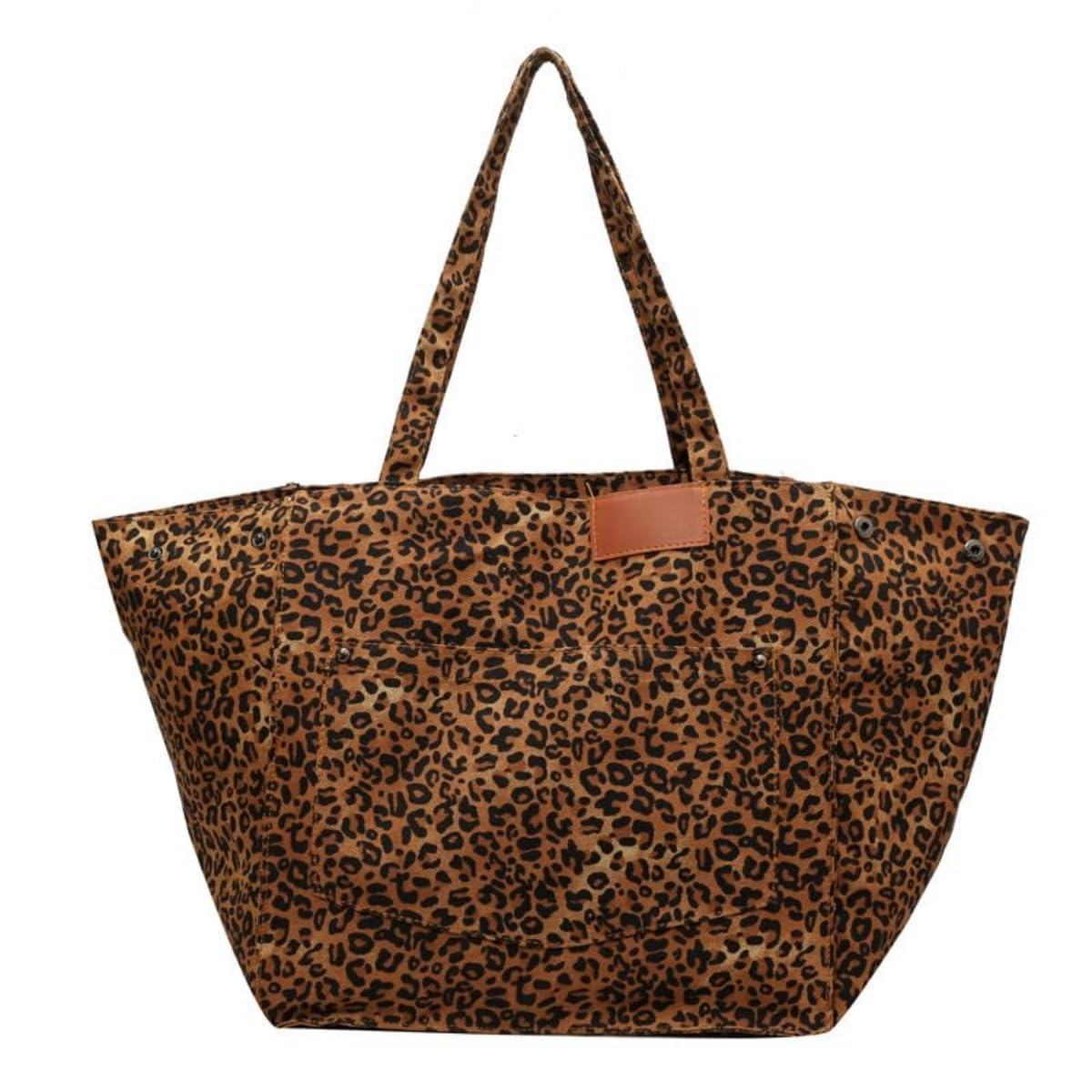 Borsa Tote Leopardata In Tela - Shopper Grande Donna, Tracolla Per Ufficio, Spesa E Scuola