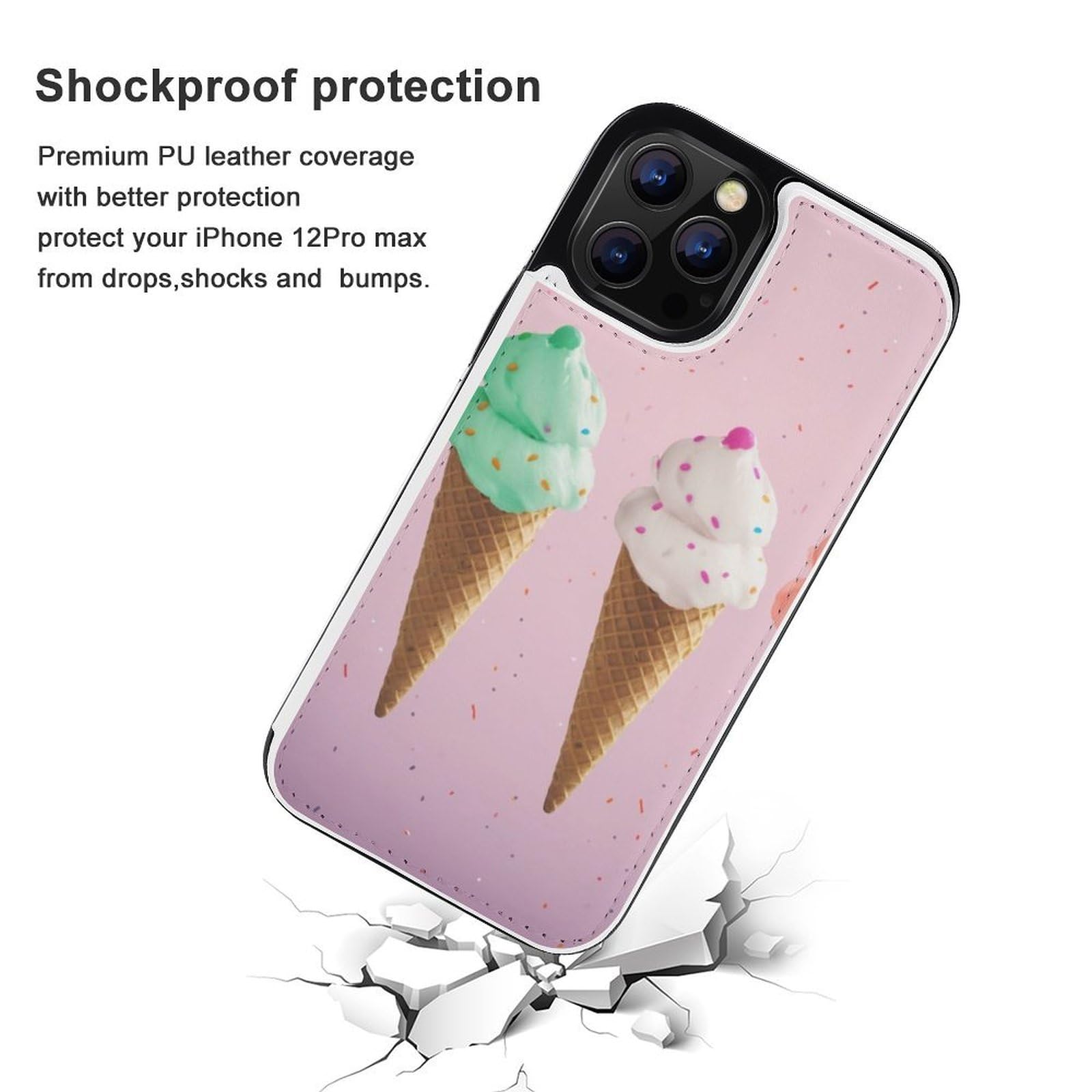 Fundas tipo cartera para iPhone 12 Pro Max, con estampado de conos de helado, funda de piel con ranuras para tarjetas