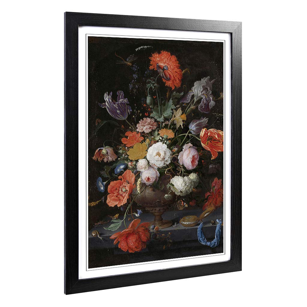 Big Box Art Framed Print of Abraham Mignon Still Life Flowers Snails Design | Wall Art Picture | Home Decor for Kitchen, Living Room, Bedroom, Hallway, Black, A2 / 24.5x18 Inch / 62x45cm