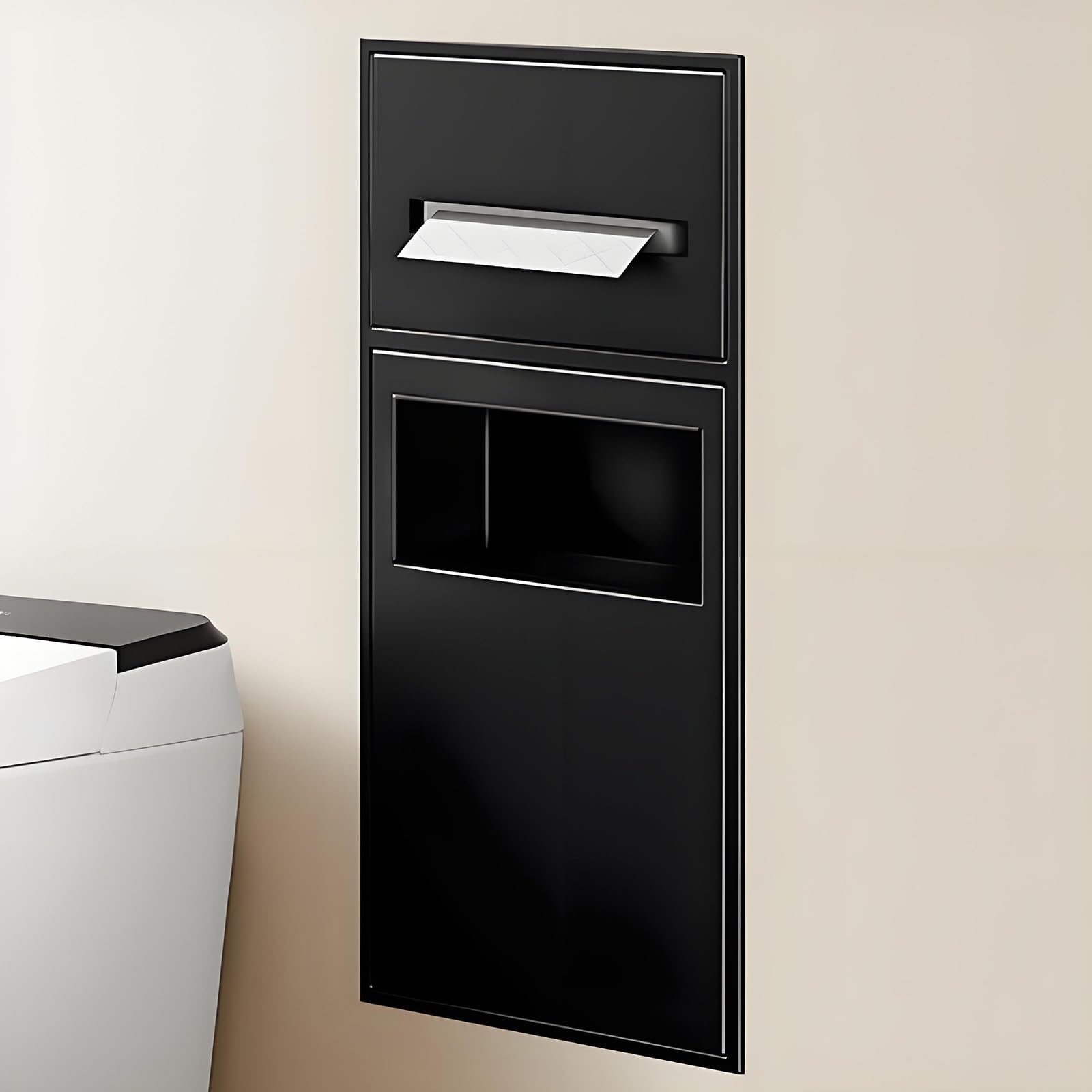 Recessed Toilet Paper Holder with Built-In Trash Can, Space-Saving Rack, Waterproof Organizer for Bathroom