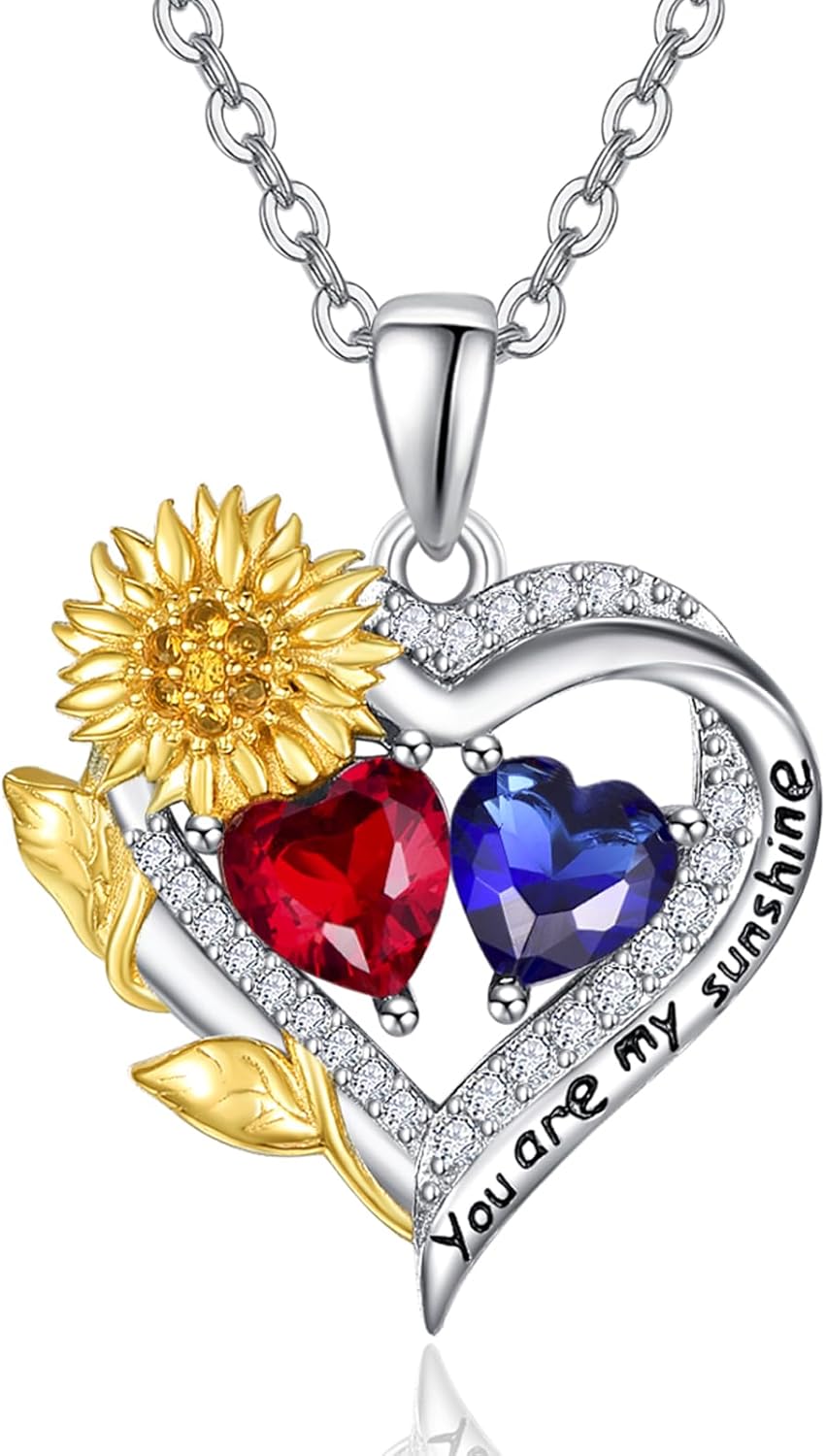 AENEAS Valentines Day Gifts for Women Sunflower Necklace for Women 925 Sterling Silver Sunflower Garnet Sapphire Heart Pendant Necklace You Are My Sunshine Jewelry Anniversary Birthday Gifts for Mom Wife Her
