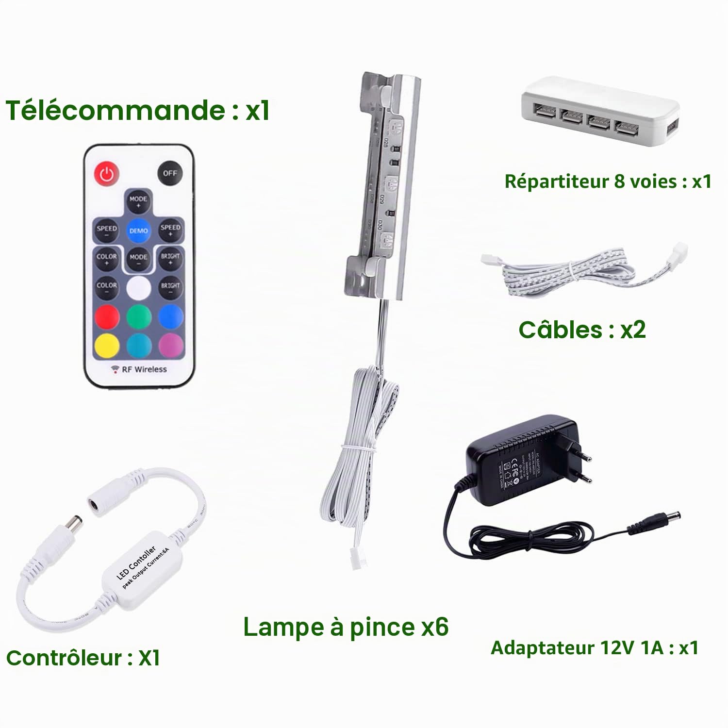 AIBOO LED RGB Vitrine Lumière, Kit Éclairage D'étagère en Verre Led avec Télécommande RF, Lampes à Clip Longues à Intensité Variable, Bandes LED Ultra Fines pour Le Comptoir de La Cuisine(Paquet de 6)