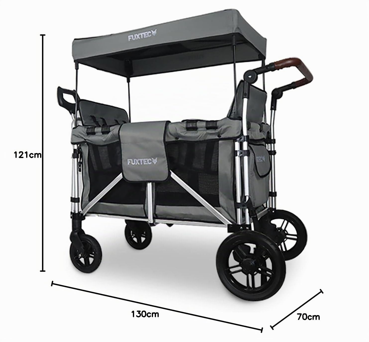 FUXLIFE Carrello Pieghevole - Premium - FX-CTXL900 Grigio • Bollerwagen XL richiudibile con 4 posti e cinture di sicurezza • Ampio vano interno e tettuccio parasole • Ruote XXL