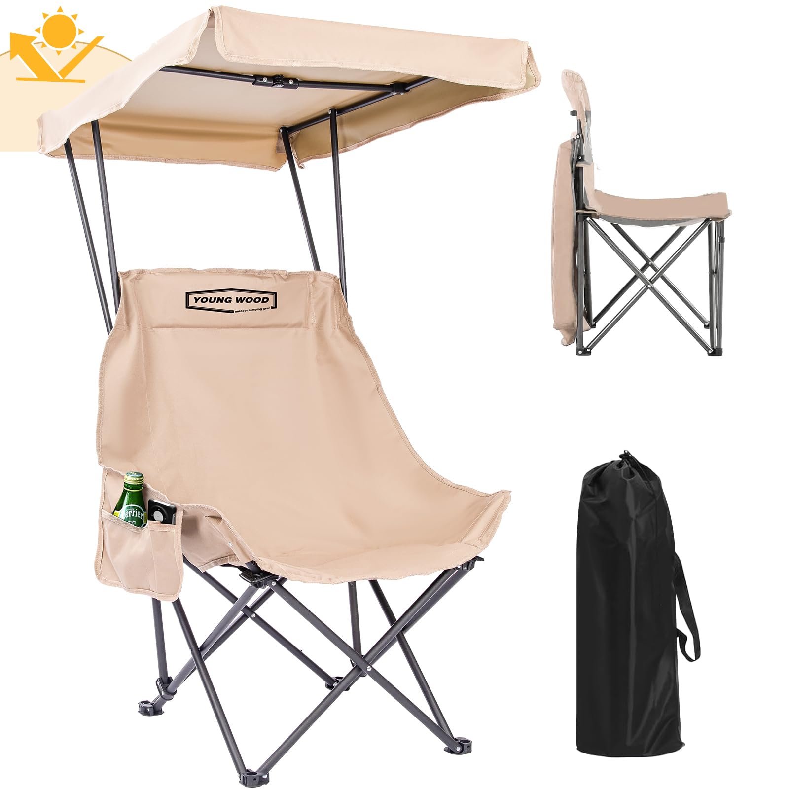 YOUNG WOOD Camping Chair with Canopy, Beach Chair with Shade, Portable Fold Lightweight Oversized Suit for All, Easy to Open Without Installation, Side Pocket Design for All Outdoor Activities,Khaki