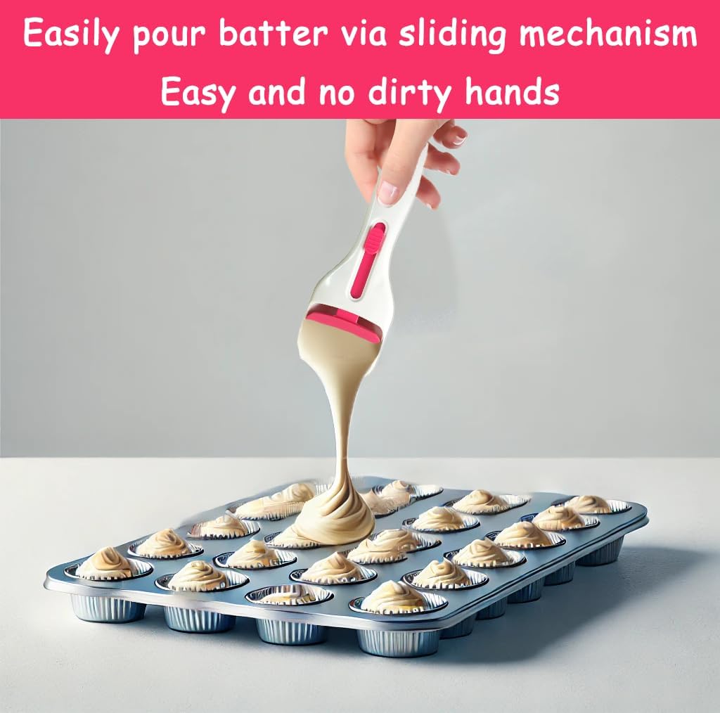 Cupcake Batter Dispenser Scoop with One-Touch Sliding Button - Professional Cake Batter Distribution Tool for Kitchen Baking - Easy Clean Pastry Batter Scoop for DIY Cupcakes & Pancakes