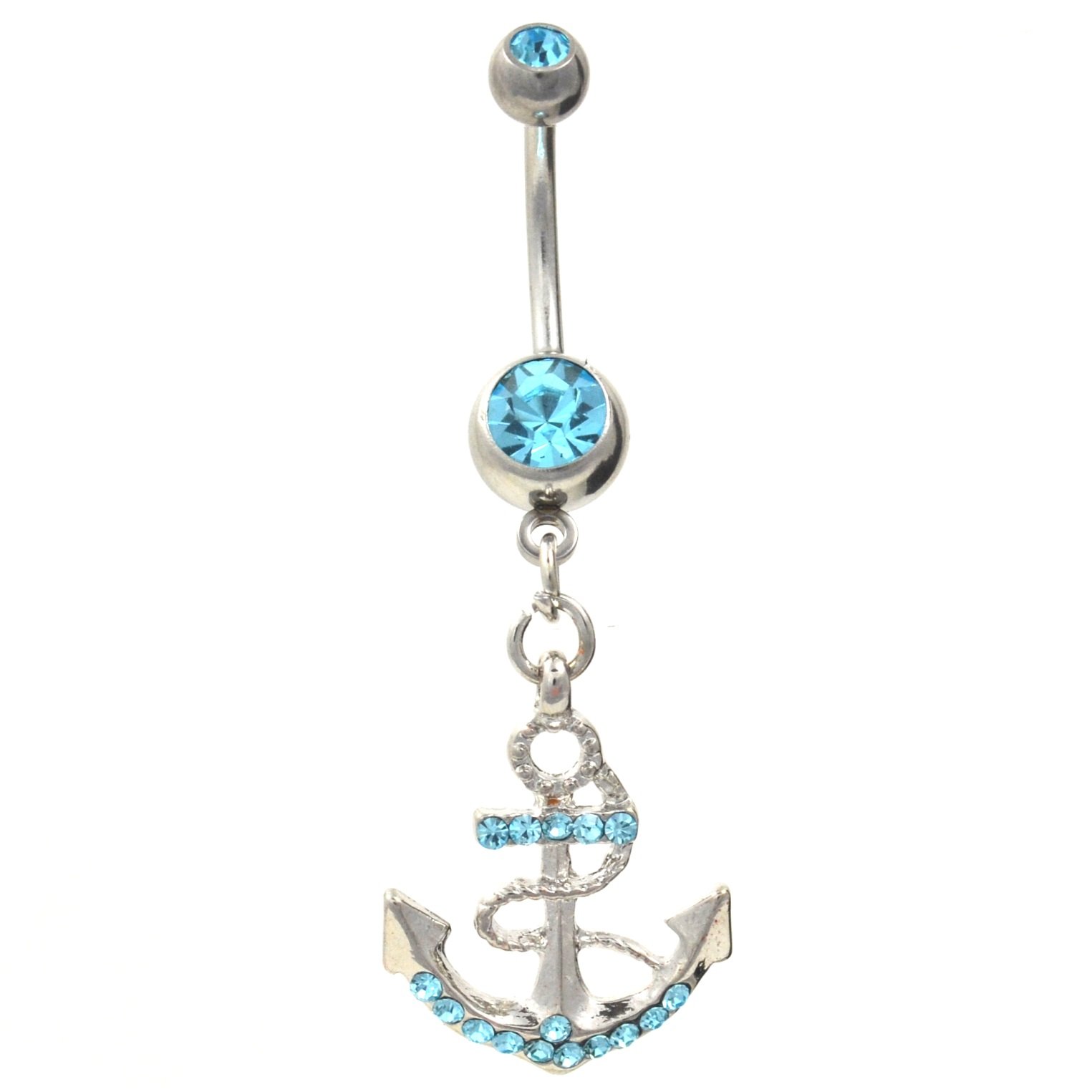Gem Paved Fancy Anchor Ship Boat Wheel Navel Ring Aqua CZ Gems Dangle Belly Button Piercing Jewelry