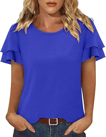 CRAZY GRID Women's Shirts Summer Casual Crewneck Ruffle Short Sleeve Blouses Cute Floral Print Tunic Tops