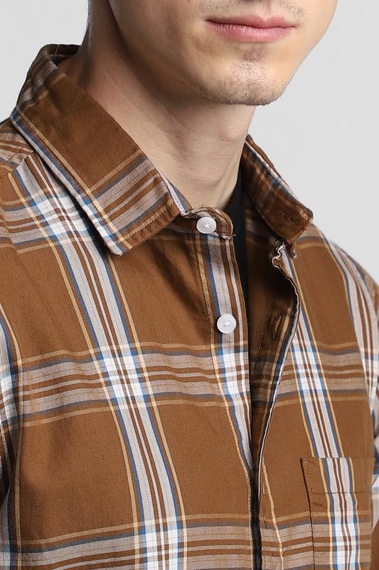 Image of Dennis Lingo Men's Khaki Cotton Casual Shirt, Full Sleeve Slim Fit Spread Collar