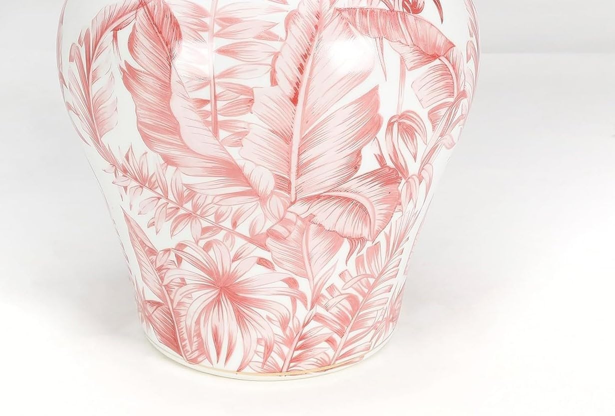 AAI Tropical Leaf 14" Porcelain Ginger Jar, Pink