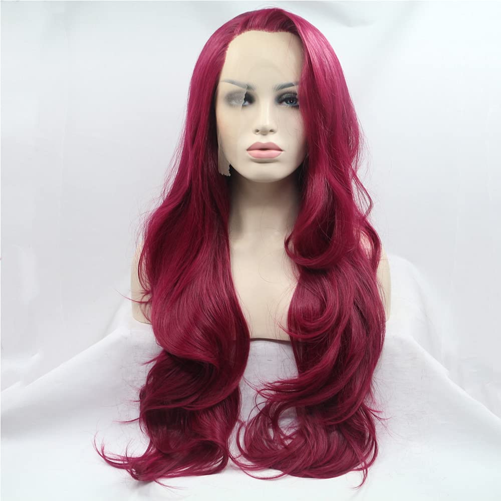 Xiweiya Burgundy Wavy Hair Long Wine Red Wig Side Parting Soft Lace Front Wig Heat Resistant Drag Queen Wigs Replacement Wig Cosplay Wigs 24 Inch - 24 - Burgundy
