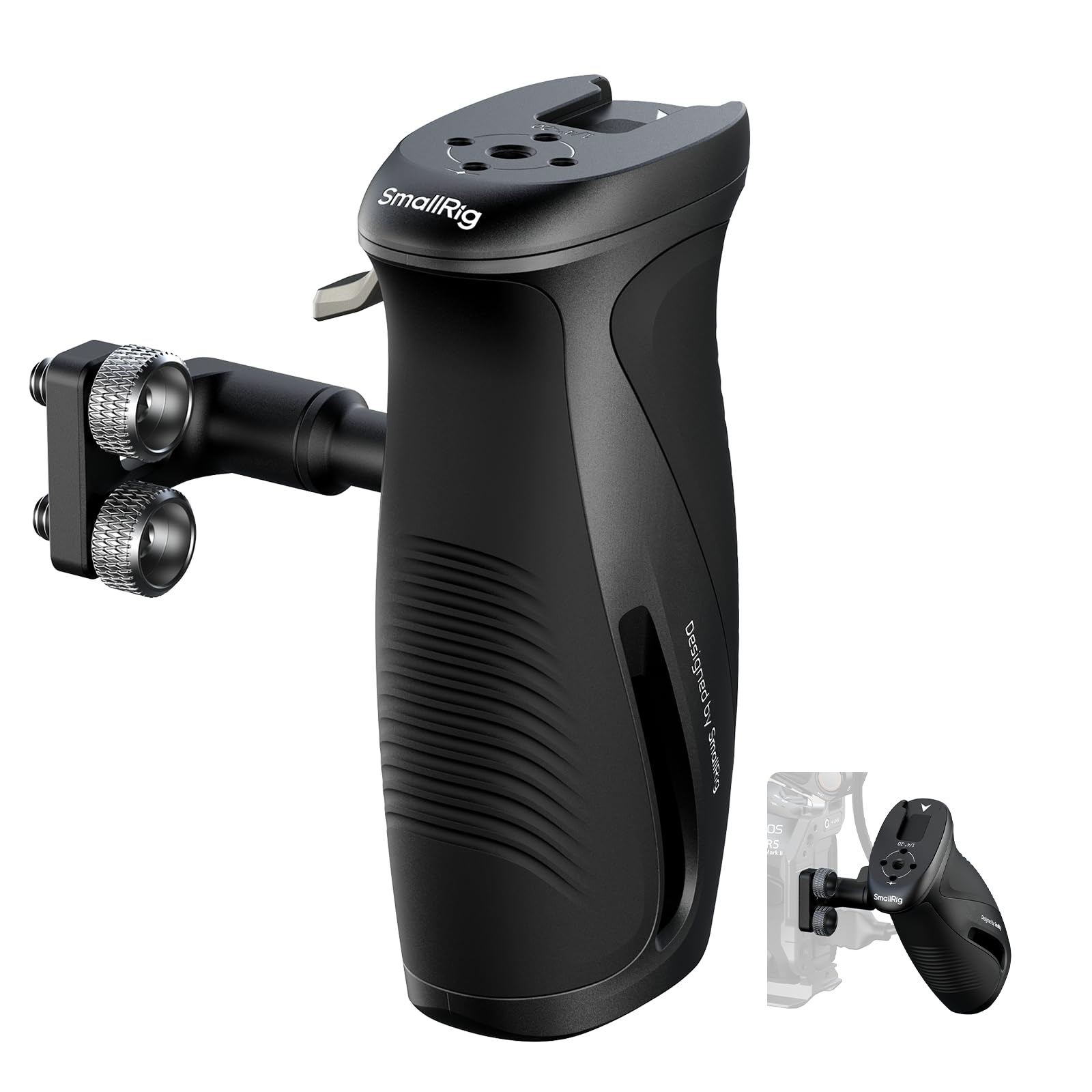 SMALLRIG Poignée Latérale Rotative à Bouton-Poussoir avec Vis 1/4"-20, pour Gauchers et Droitiers, Pivotante à 360° avec Silicone Antidérapant, Charge Max. 15 kg - 5194