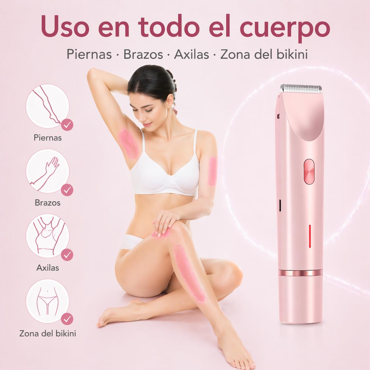 Sanuvia Depiladora Intima 2 En 1, Recargable Con Doble Cabezal, Uso Seco Y HúMedo, Ideal Para Piernas, Axilas Y Zona íNtima (Rosa)