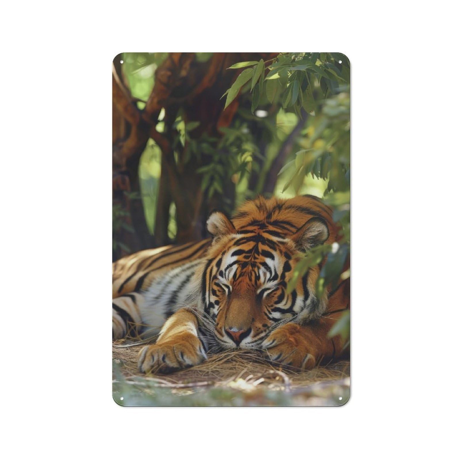 Junmoney Sleeping Tiger In Lush Foliage Tin Wall Plaque 30X20cm With For Hallway Wall, For Home Interiors, Feature Walls And Decorative Displays