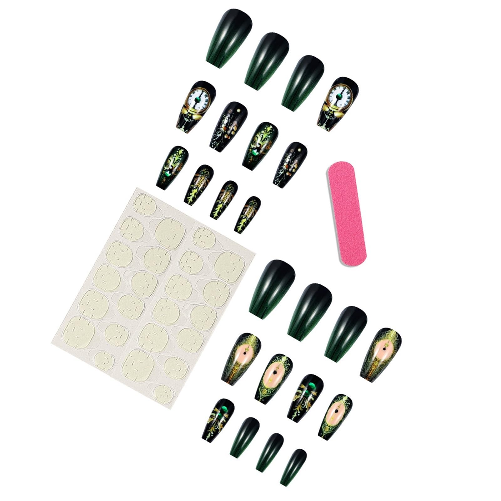 Uñas postizas con diseño de Reloj Vintage, Degradado, Verde, Negro, cuadradas, largas, Cobertura Completa, Esmalte de uñas for Mujer, 24 Unidades