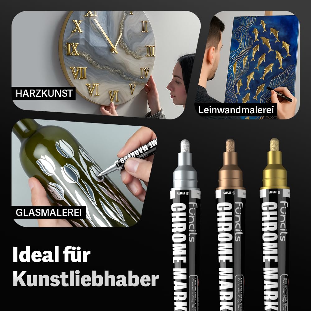Chrom Lackstift Set - 4 Lackstifte Dual Spitze: 2x Silber, 1x Gold, 1x Kupfer | Lackstift Silber Metallic Auto, Chrom Farbe Gold, | Silberstift Metallic wasserfest für Auto, Glas, Metall