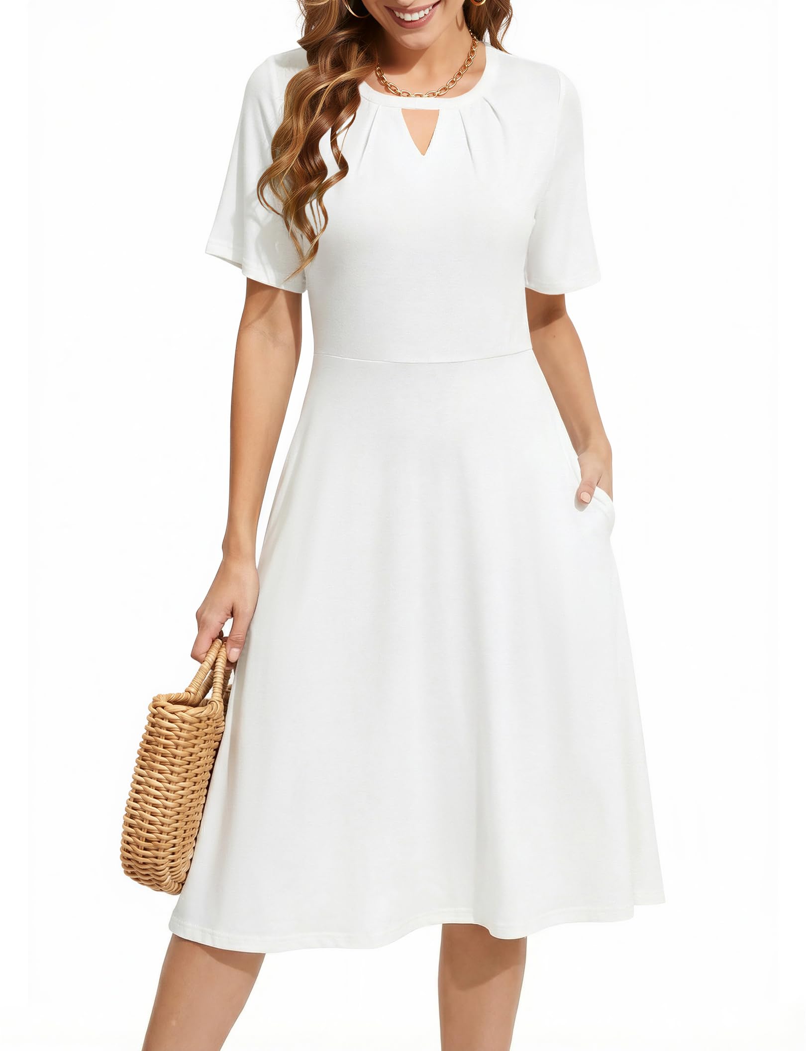 Zeagoo Sommerkleid Damen Elegant Kurzarm Kleider Rundhals A-Linie Blumen Kleid Freizeitkleid mit Tasche S-XXL