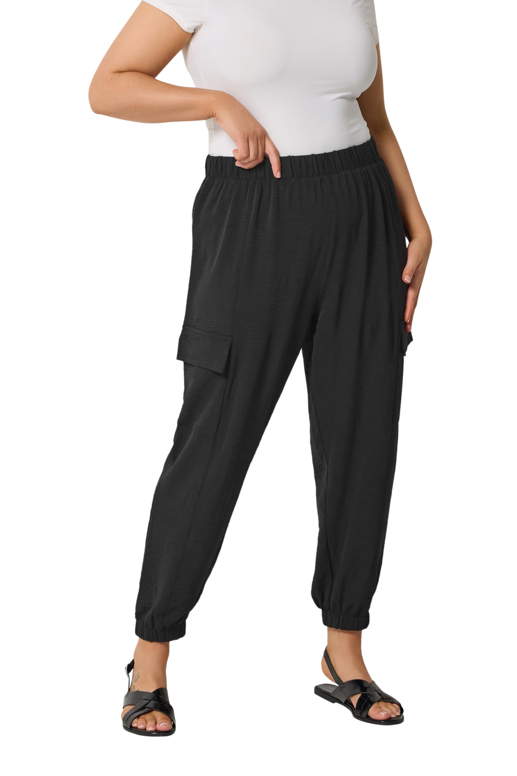 Yours Women's Black Twill Cargo Joggers Pants In | Size: 20