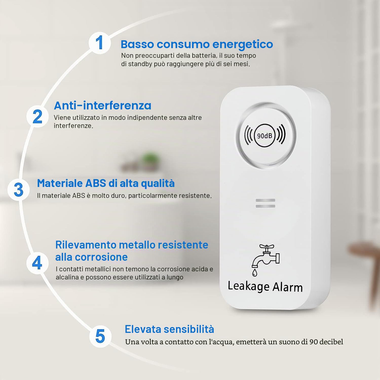 Wassermelder WLAN(2,4 G WiFi), 90 dB Wassersensor Alarm und App Alarm, kabelloser Wasseralarm, WiFi Wassermelder Wasseralarm für Rohre, Schlafzimmer, Küche, Badezimmer, Keller (5er-Pack)