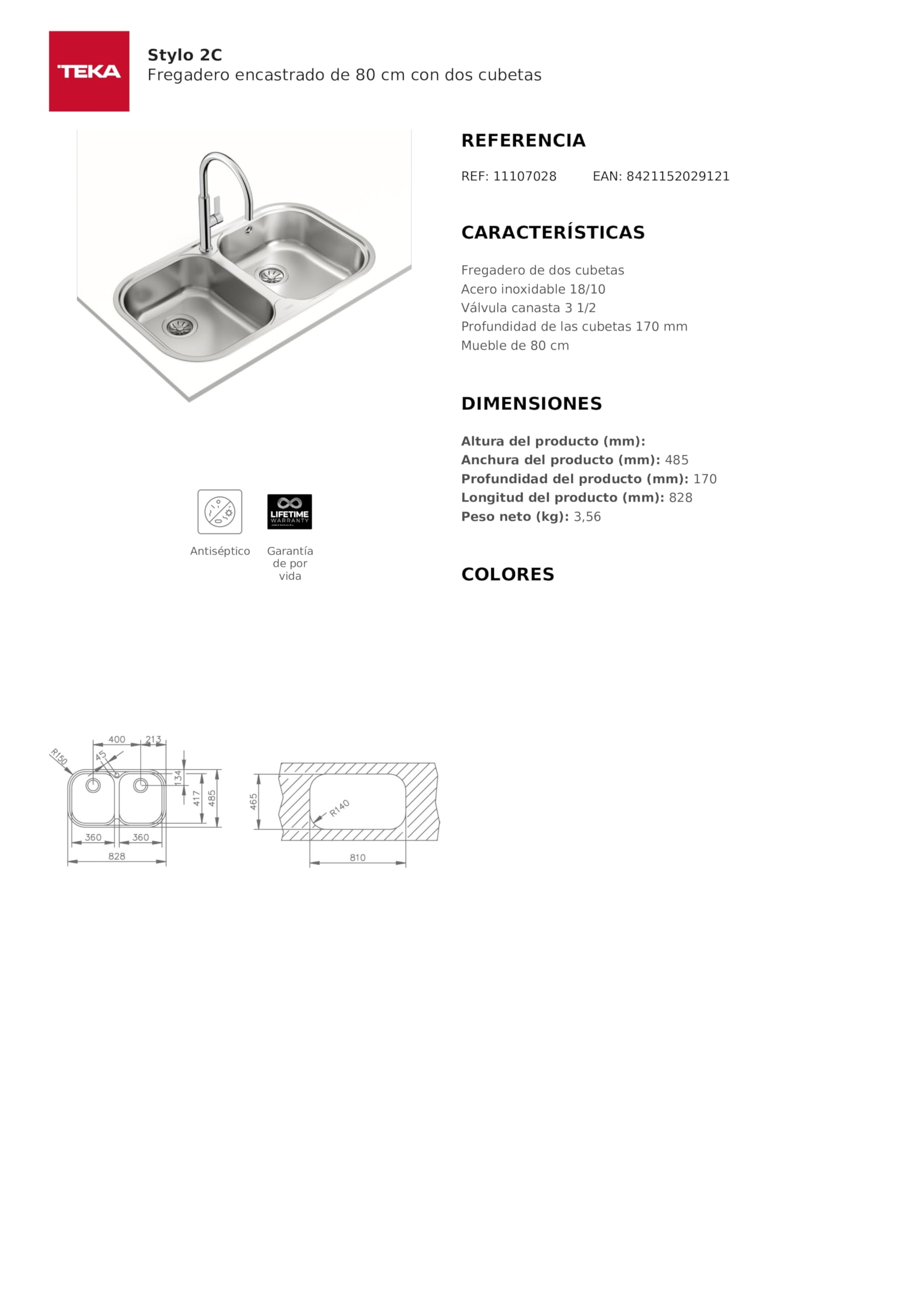 TEKA Fregadero Encastrado 2 Cubetas en Acero Inoxidable - Profundidad 170 mm - Válvula Canasta 3 1/2 - Mueble de 80 cm - Stylo 2C